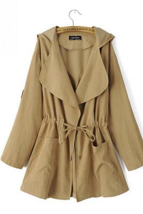 Women Windbreaker Coat Autumn Winter Long Sleeve Loose Streetwear Casual Hooded Jacket Khaki