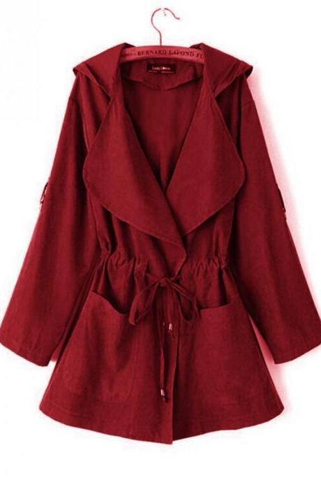 Women Windbreaker Coat Autumn Winter Long Sleeve Loose Streetwear Casual Hooded Jacket Wine Red