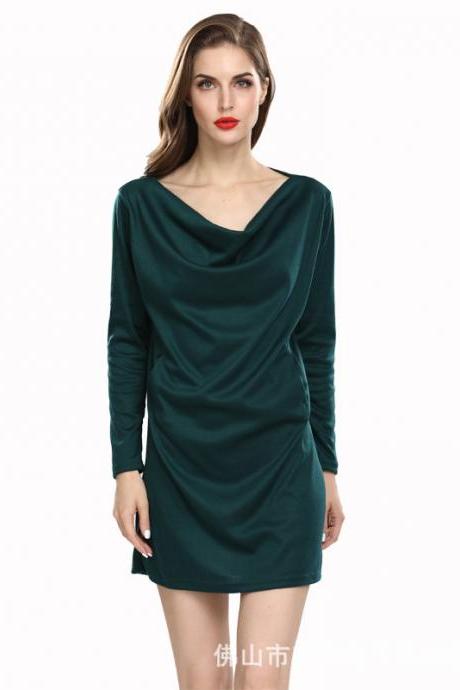 Women Casual Dress Solid Cotton Pocket Loose Long Sleeve Pleated Mini Club Party Dress hunter green
