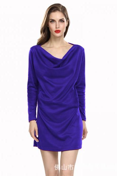 Women Casual Dress Solid Cotton Pocket Loose Long Sleeve Pleated Mini Club Party Dress royal blue