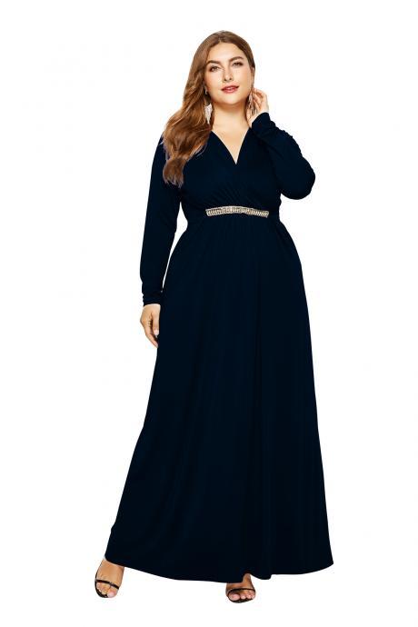 Women Maxi Dress V Neck Long Sleeve Elastic Waist Plus Size Long Formal Evening Party Dress black