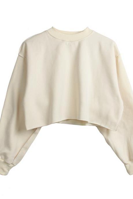  Women Crop Tops Autumn Winter Long Sleeve Pullover Casual Loose Short Fleece Sweatshirt beige
