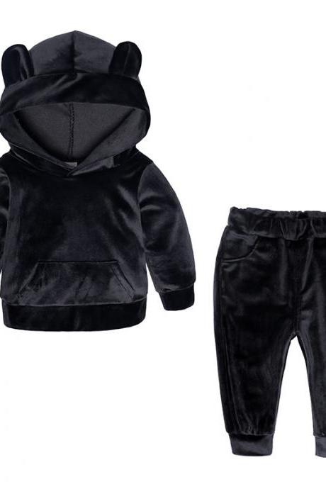 Baby Boys Girls Velvet Tracksuit Autumn Hoodie Long Pants Two Pieces Clothing Sets Children Outfits Black