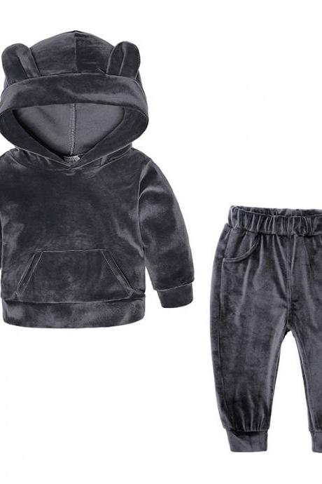 Baby Boys Girls Velvet Tracksuit Autumn Hoodie Long Pants Two Pieces Clothing Sets Children Outfits Gray