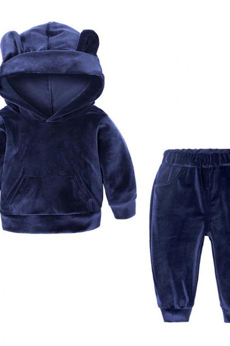 Baby Boys Girls Velvet Tracksuit Autumn Hoodie Long Pants Two Pieces Clothing Sets Children Outfits Navy Blue