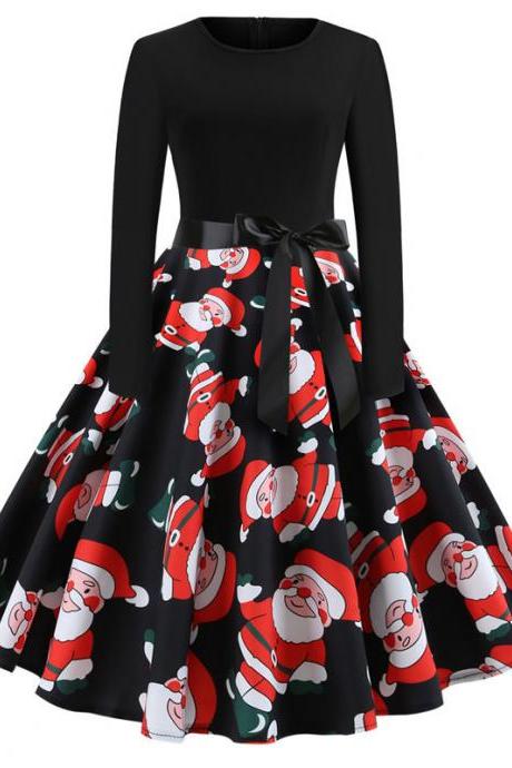  Women Christmas Dress Vintage Casual Long Sleeve Belted A Line Floral Printed Formal Party Dress 2#