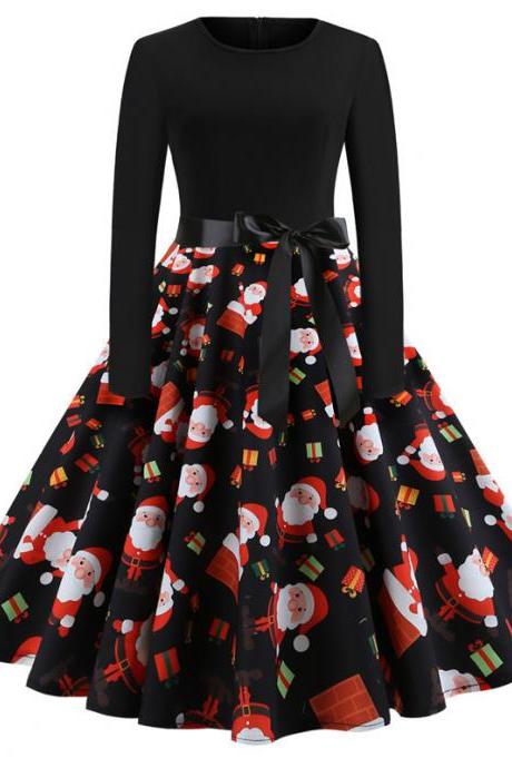 Women Christmas Dress Vintage Casual Long Sleeve Belted A Line Floral Printed Formal Party Dress 4#