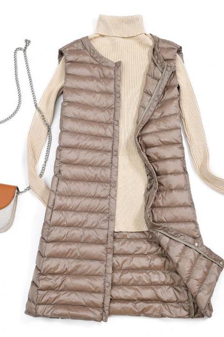 Women Ultra Light Vest Coat Autumn Winter Warm Slim Long Waistcoat Duck Down Sleeveless Jacket khaki