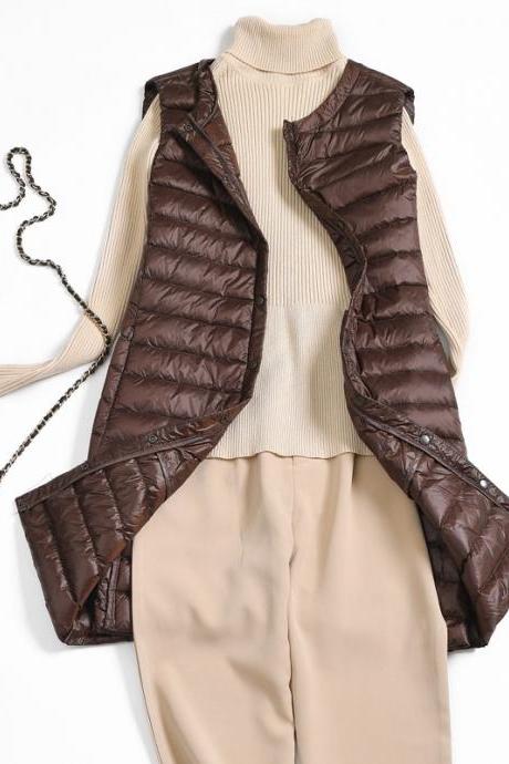 Women Ultra Light Vest Coat Autumn Winter Warm Slim Long Waistcoat Duck Down Sleeveless Jacket brown