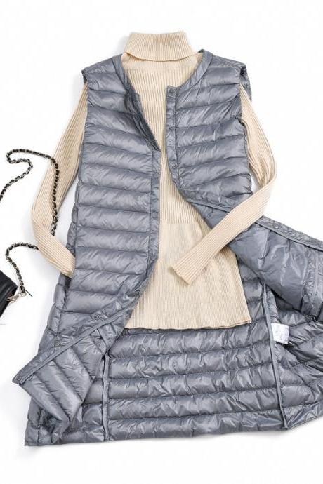 Women Ultra Light Vest Coat Autumn Winter Warm Slim Long Waistcoat Duck Down Sleeveless Jacket gray