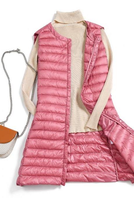 Women Ultra Light Vest Coat Autumn Winter Warm Slim Long Waistcoat Duck Down Sleeveless Jacket pink