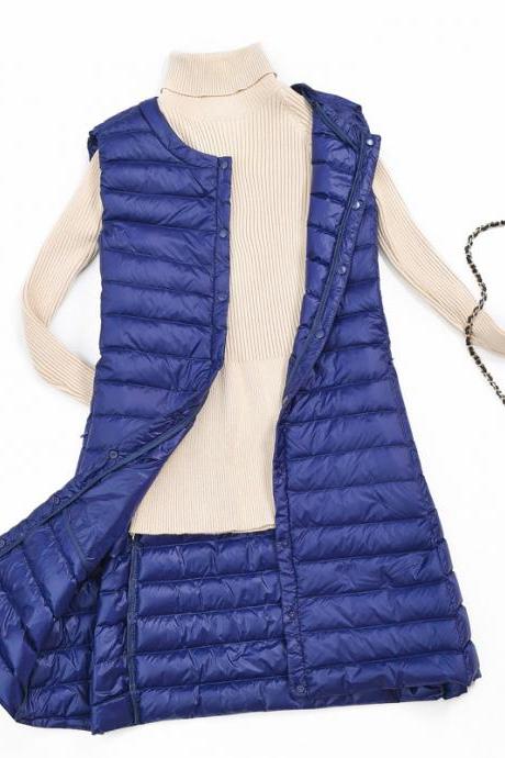 Women Ultra Light Vest Coat Autumn Winter Warm Slim Long Waistcoat Duck Down Sleeveless Jacket royal blue