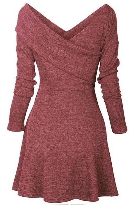  Women Autumn Casual Dress Cross V Neck Long Sleeve Basic Slim Knitted A Line Party Dress wine red