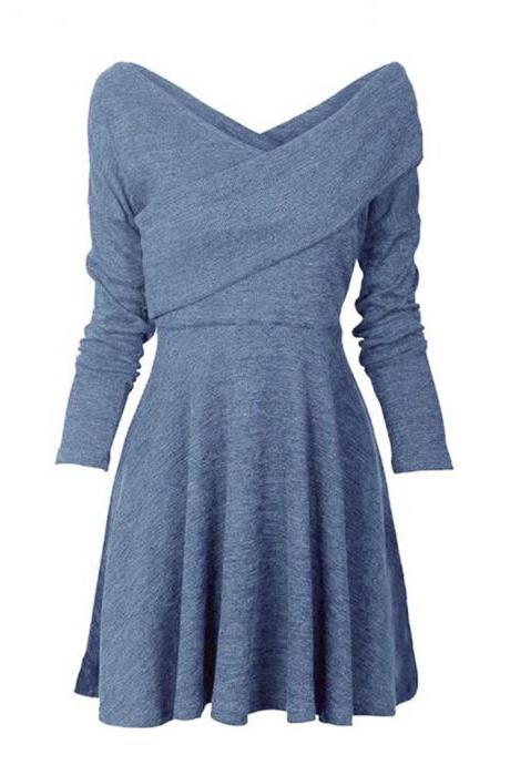 Women Autumn Casual Dress Cross V Neck Long Sleeve Basic Slim Knitted A Line Party Dress blue