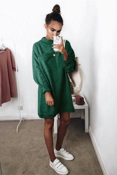 Women Sweatshirt Dress Autumn Winter Long Sleeve Solid Pocket Casual Loose Mini Dress green