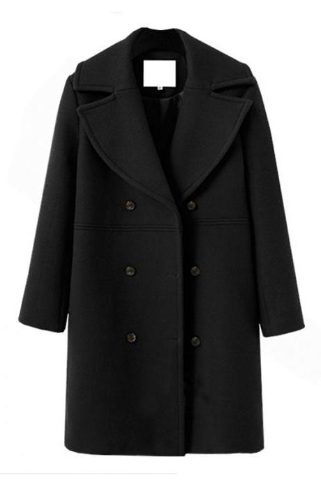  Women Woolen Trench Coat Autumn Winter Turn-down Collar Double Breasted Long Sleeve Casual Loose Long Jakcet black