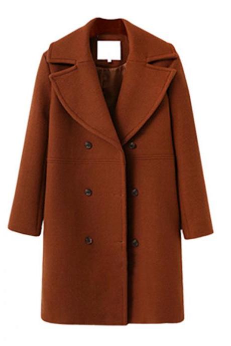 Women Woolen Trench Coat Autumn Winter Turn-down Collar Double Breasted Long Sleeve Casual Loose Long Jakcet brown