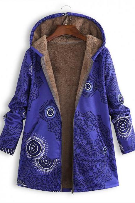 Women Hooded Coat Vintage Floral Printed Winter Warm Plus Size Casual Fleece Jacket blue