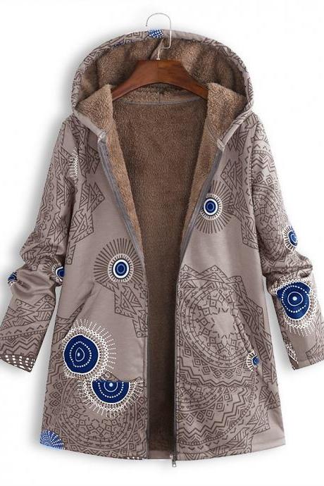 Women Hooded Coat Vintage Floral Printed Winter Warm Plus Size Casual Fleece Jacket coffee