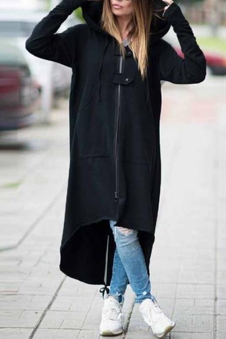 Women Sweatshirt Coat Autumn Winter Plus Size Casual Pockets Zipper Hooded Extra Long Jacket Outerwear black