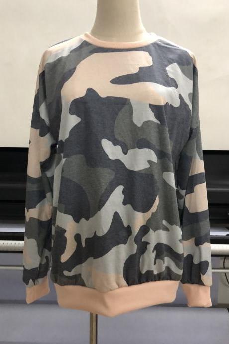 Women Camouflage Printed Sweatshirt Autumn Casual O Neck Long Sleeve Loose Pullover Tops Khaki