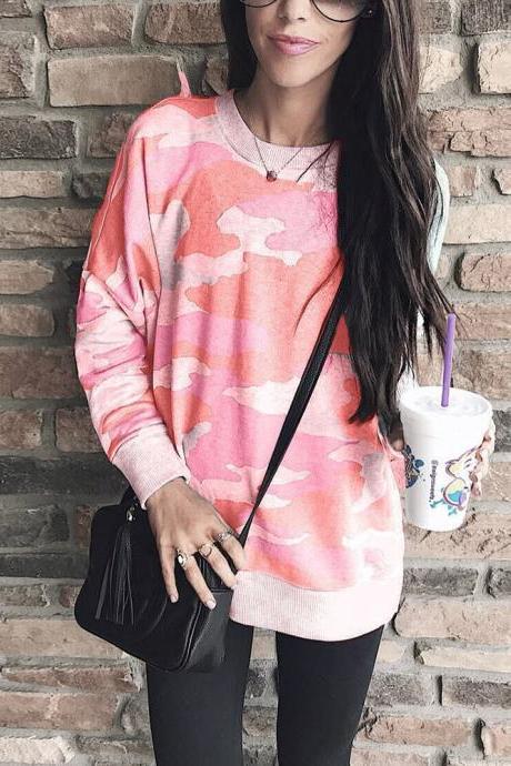 Women Camouflage Printed Sweatshirt Autumn Casual O Neck Long Sleeve Loose Pullover Tops Red