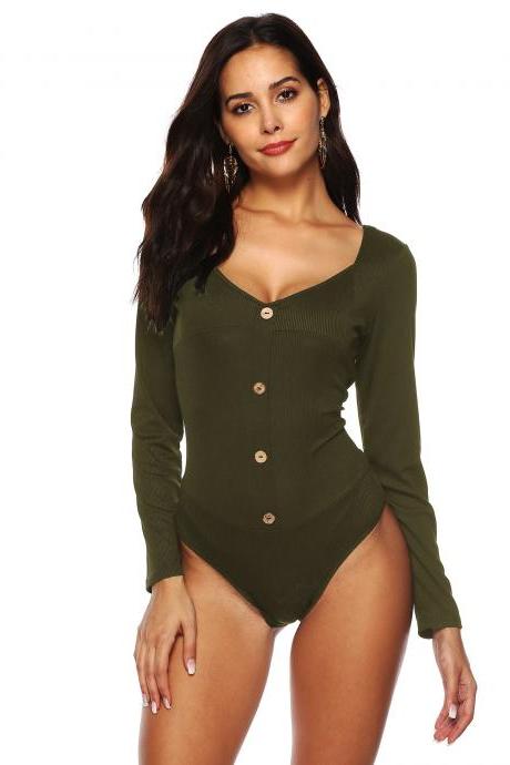Women Bodysuit V Neck Long Sleeve Button U Backless Skinny Jumpsuit Sexy Tops Army Green