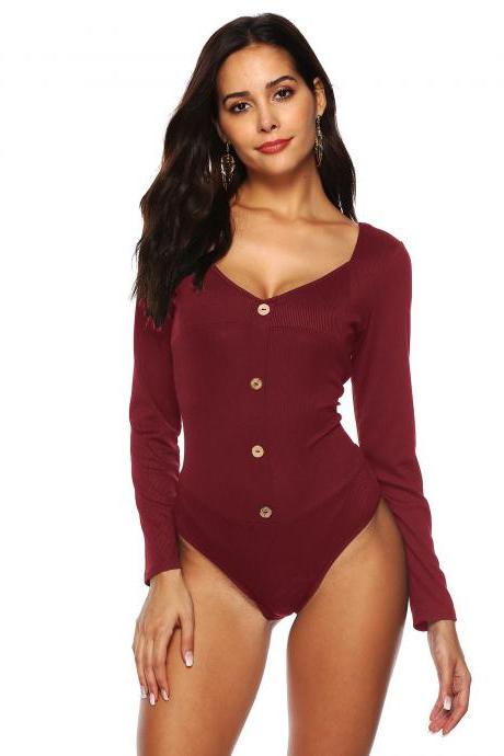 Women Bodysuit V Neck Long Sleeve Button U Backless Skinny Jumpsuit Sexy Tops Crimson