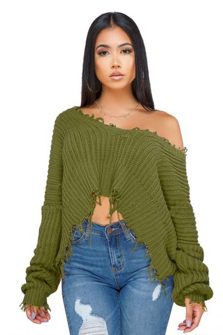 Women Oversize Knitted Sweater Autumn Winter Long Sleeve Ripped V Neck Casual Loose Pullover Crop Tops army green