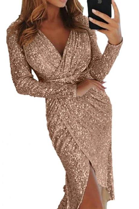 Women Sequined Dress V Neck High Split Long Sleeve Asymmetrical Bodycon Sexy Night Club Party Dress Champagne