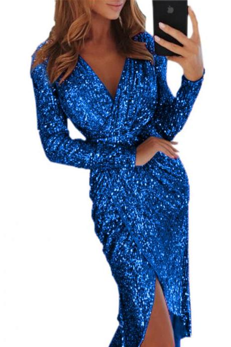 Women Sequined Dress V Neck High Split Long Sleeve Asymmetrical Bodycon Sexy Night Club Party Dress royal blue