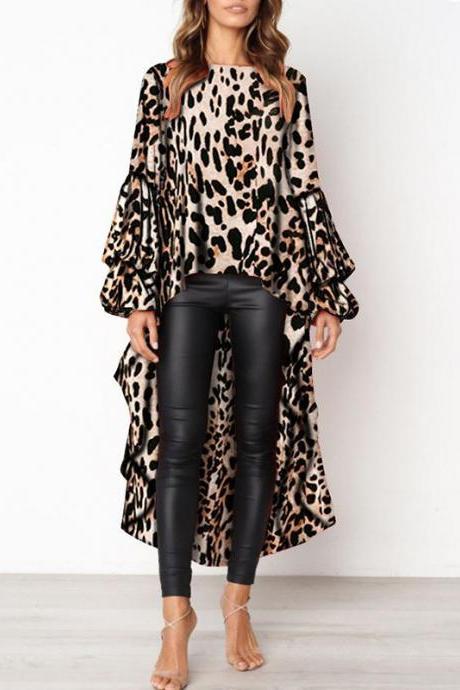 Women Asymmetrical Dress Long Lantern Sleeve Streetwear Leopard Printed Casual Tops 100238-khaki