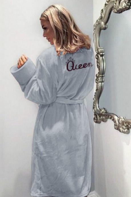 Women Flannel Pajamas Winter Warm Belted Long Sleeve Letter Printed Night Dress Sleepwear Bathrobe gray