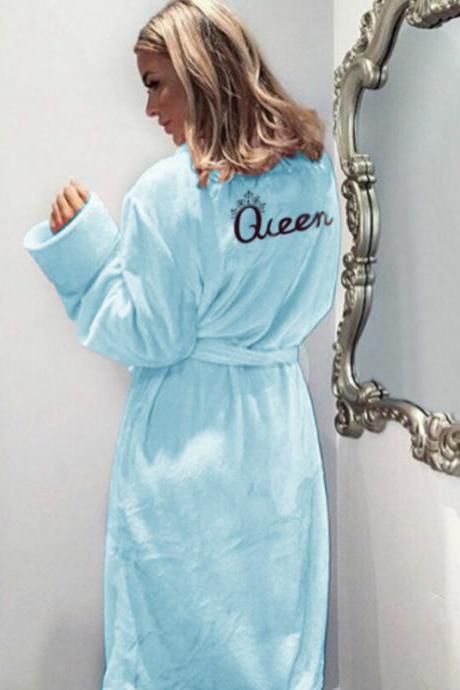  Women Flannel Pajamas Winter Warm Belted Long Sleeve Letter Printed Night Dress Sleepwear Bathrobe light blue