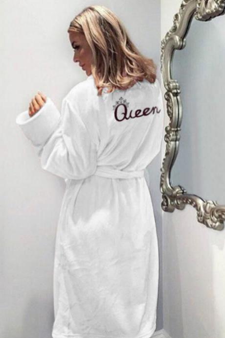 Women Flannel Pajamas Winter Warm Belted Long Sleeve Letter Printed Night Dress Sleepwear Bathrobe Off White
