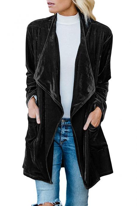 Women Velvet Trench Coat Autumn Turn-down Collar Long Sleeve Open Stitch Cardigan Jacket Outwear black