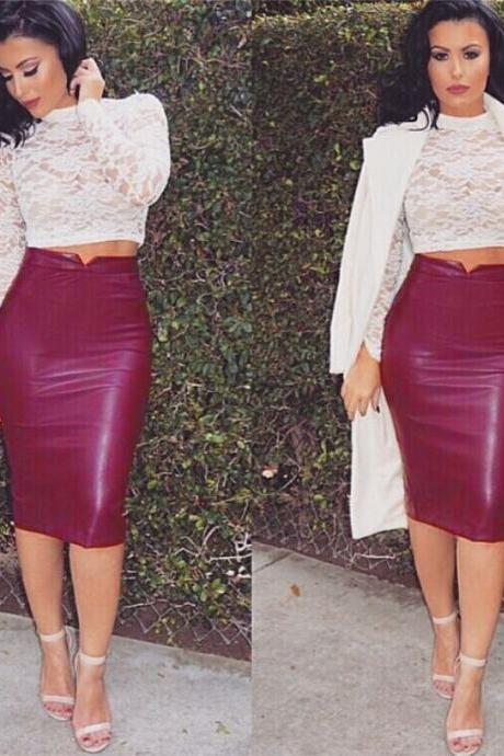  Women PU Leather Skirt High Waist Bodycon Nightclub Knee Length Slim Package Hip Pencil Skirt purplish red 