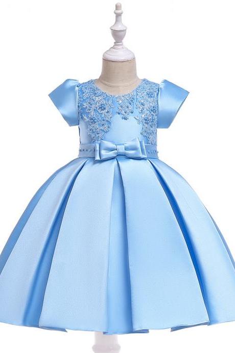  Satin Flower Girl Dress Short Sleeve Beaded Evening Prom Birthday Princess Party Gown Children Clothes sky blue