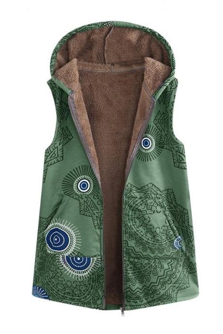 Women Floral Printed Waistcoat Winter Warm Hooded Pockets Vest Thicken Casual Plus Size Sleeveless Coat Outwear green