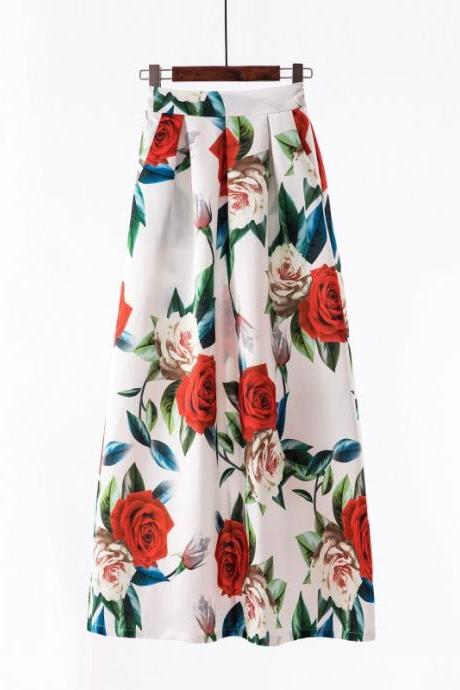 Women Floral Printed Maxi Skirt Vintage High Waist Floor Length Plus Size Pleated A Line Long Skirt 1#