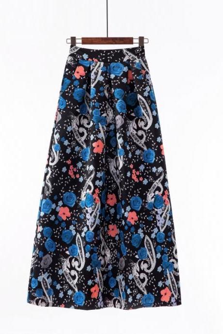  Women Floral Printed Maxi Skirt Vintage High Waist Floor Length Plus Size Pleated A Line Long Skirt 6#