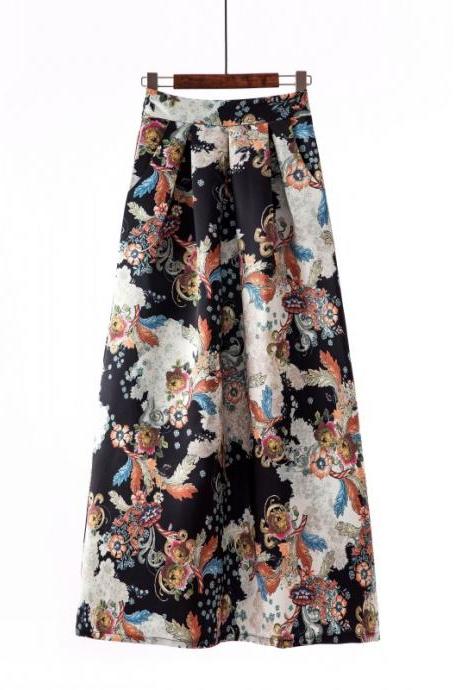  Women Floral Printed Maxi Skirt Vintage High Waist Floor Length Plus Size Pleated A Line Long Skirt 9#