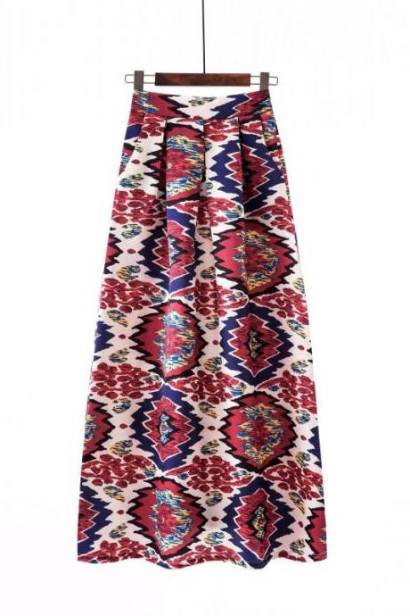 Women Floral Printed Maxi Skirt Vintage High Waist Floor Length Plus Size Pleated A Line Long Skirt 10#
