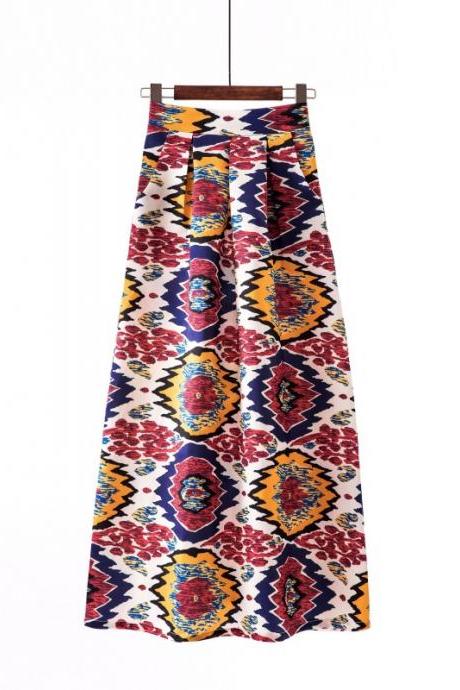 Women Floral Printed Maxi Skirt Vintage High Waist Floor Length Plus Size Pleated A Line Long Skirt 11#