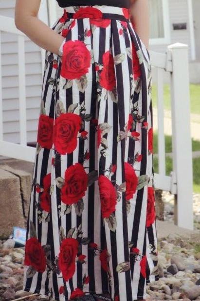  Women Floral Printed Maxi Skirt Vintage High Waist Floor Length Plus Size Pleated A Line Long Skirt 13#
