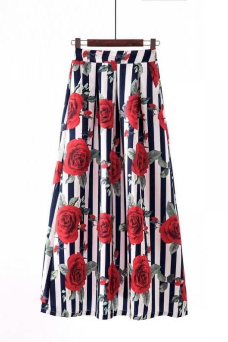 Women Floral Printed Maxi Skirt Vintage High Waist Floor Length Plus Size Pleated A Line Long Skirt 14#