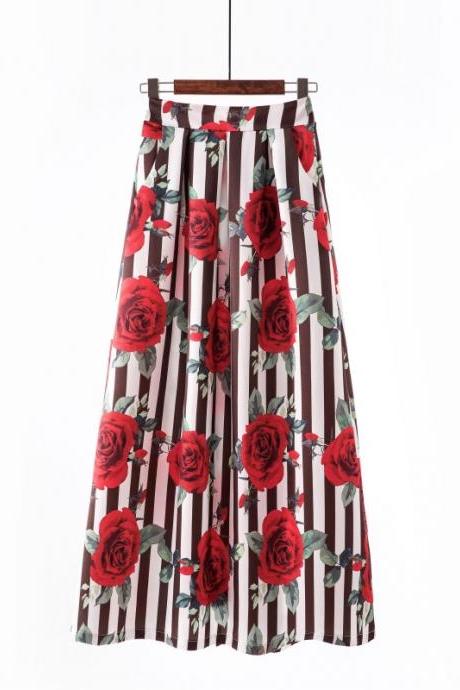 Women Floral Printed Maxi Skirt Vintage High Waist Floor Length Plus Size Pleated A Line Long Skirt 15#