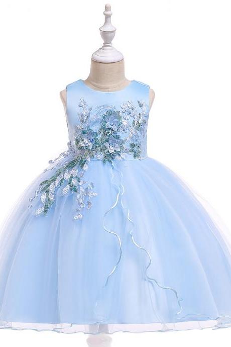 Princess Flower Girl Dress Sleeveless Wedding Formal Birthday Party Tutu Gown Children Clothes sky blue