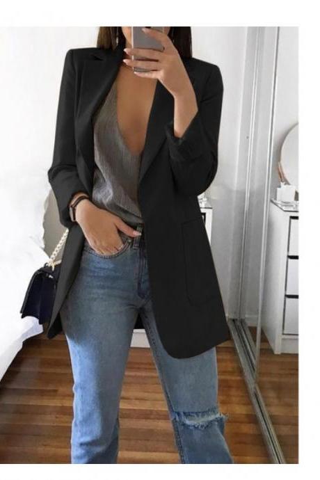 Women Blazer Coat Autumn Long Sleeve Slim Fit Work Office Business Casual Suit Coat black