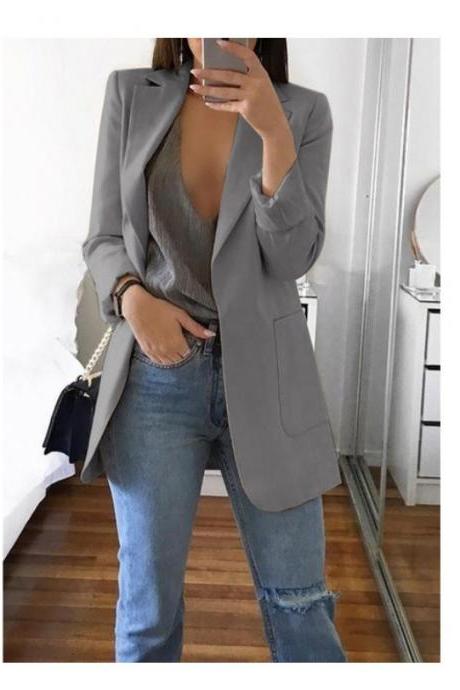 Women Blazer Coat Autumn Long Sleeve Slim Fit Work Office Business Casual Suit Coat gray